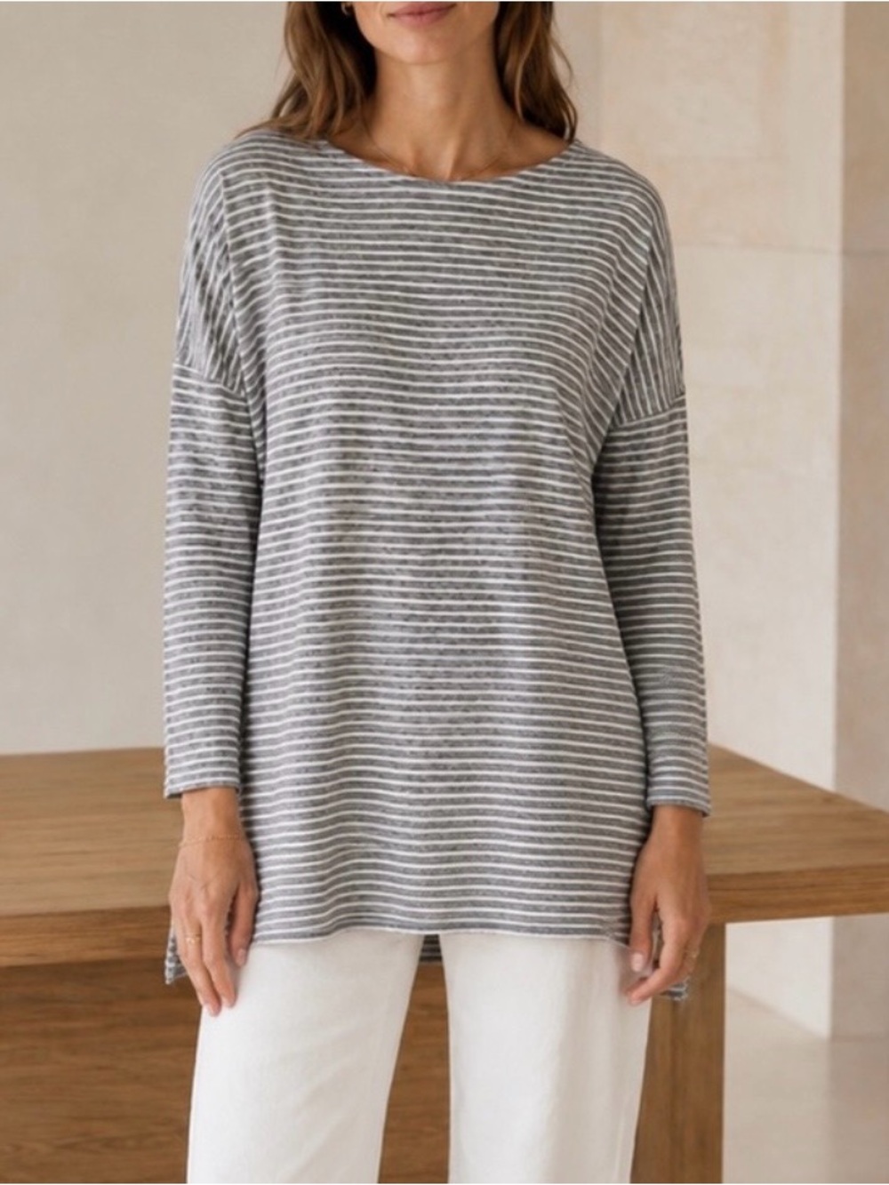 Eileen Fisher Lightweight Sweater Pullover Gray/White Stripe Sz SP Drapey